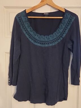 Lucky Brand Navy Long-Sleeve Scoop Neck Top with Teal Embroidery